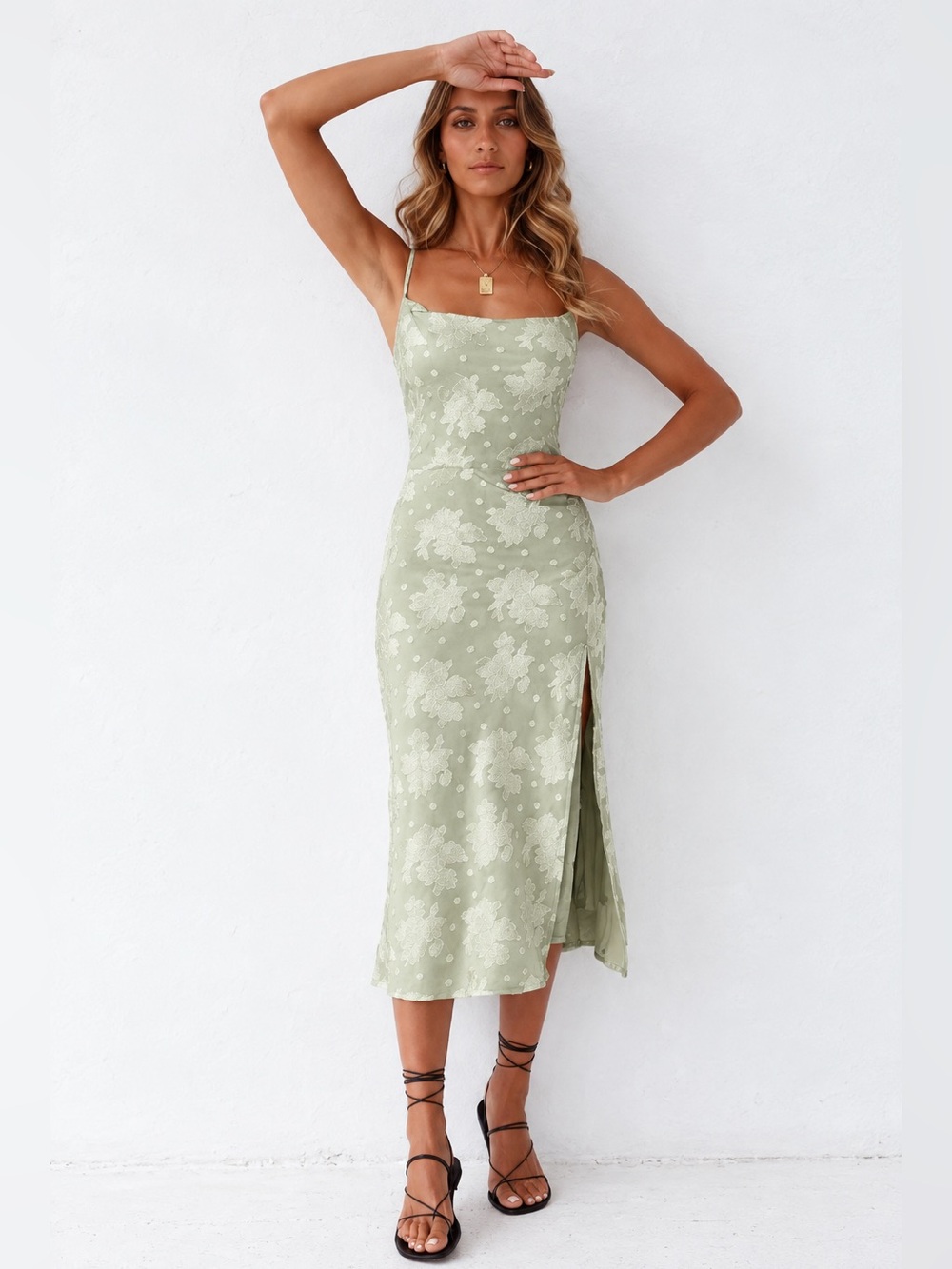 Sage Green Floral Midi Dress with Side Slit